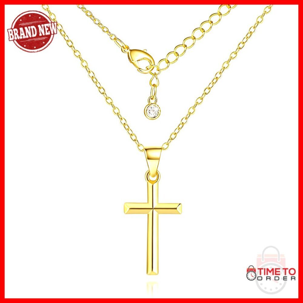 14K Gold Cross Pendant Necklace, Minimalist, Adjustable Chain